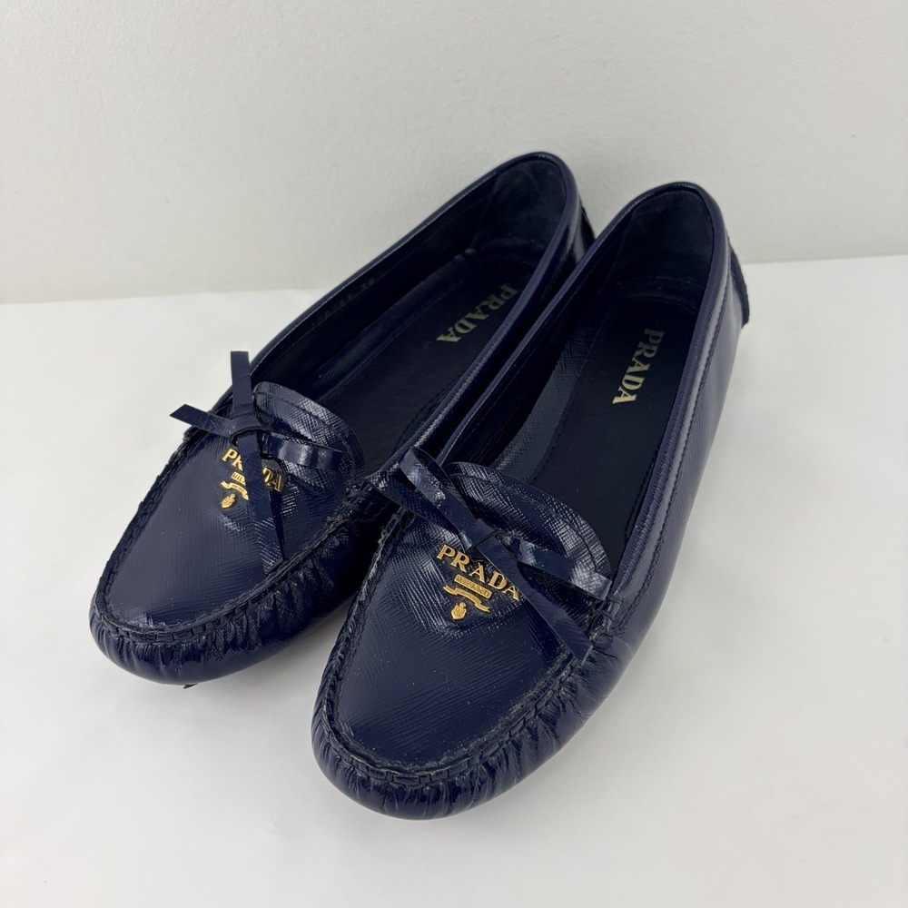 Prada Women Navy Blue Saffiano Leather Bow Driving Loafers Flats EU 38 Italy